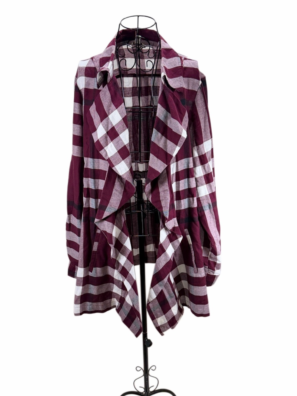 Plaid Draped Open-Front Cape Jacket - Burgundy/White